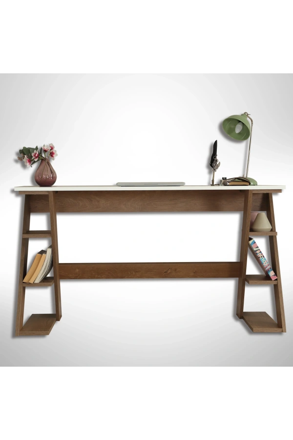 Pasific Home Lungo Raflı Çalışma Masası, Ofis Masası, 60X140 Cm, Koyu Meşe&Beyaz