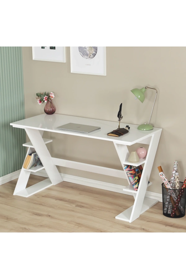 Pasific Home Lungo Raflı Çalışma Masası, Ofis Masası, 60X140 Cm, Parlak Beyaz
