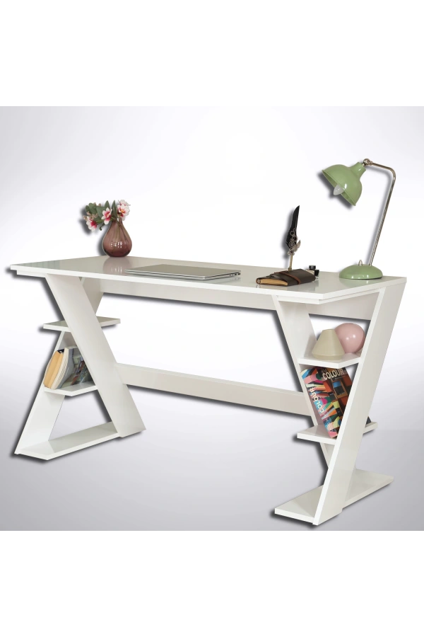 Pasific Home Lungo Raflı Çalışma Masası, Ofis Masası, 60X140 Cm, Parlak Beyaz