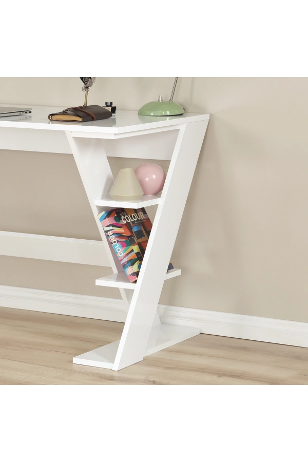 Pasific Home Lungo Raflı Çalışma Masası, Ofis Masası, 60X140 Cm, Parlak Beyaz