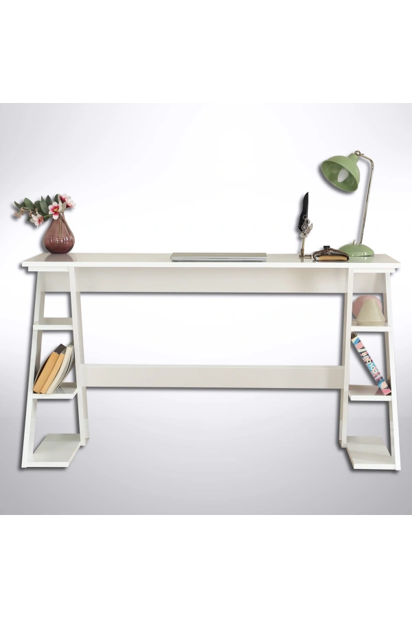 Pasific Home Lungo Raflı Çalışma Masası, Ofis Masası, 60X140 Cm, Parlak Beyaz
