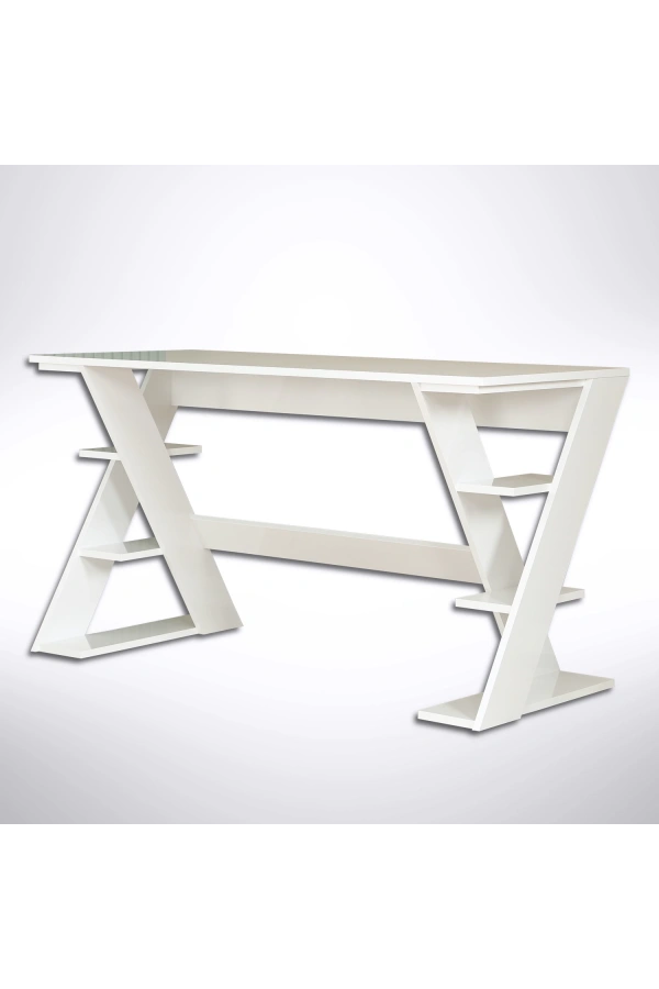 Pasific Home Lungo Raflı Çalışma Masası, Ofis Masası, 60X140 Cm, Parlak Beyaz
