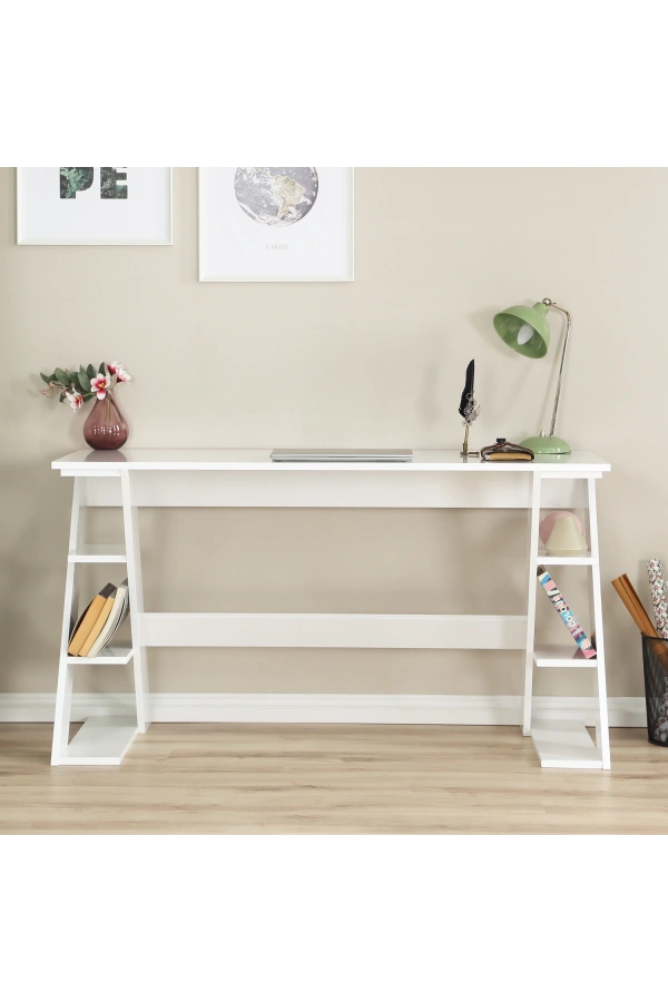 Pasific Home Lungo Raflı Çalışma Masası, Ofis Masası, 60X140 Cm, Parlak Beyaz