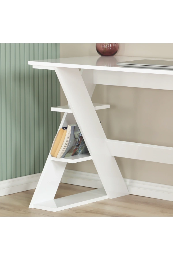 Pasific Home Lungo Raflı Çalışma Masası, Ofis Masası, 60X140 Cm, Parlak Beyaz