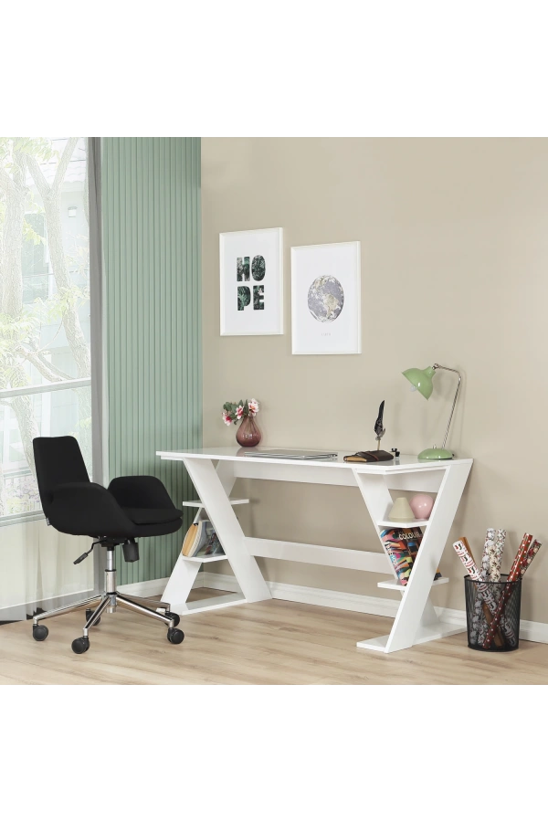 Pasific Home Lungo Raflı Çalışma Masası, Ofis Masası, 60X140 Cm, Parlak Beyaz