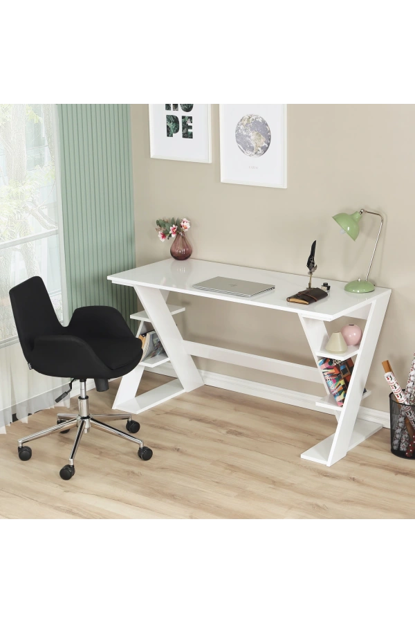 Pasific Home Lungo Raflı Çalışma Masası, Ofis Masası, 60X140 Cm, Parlak Beyaz