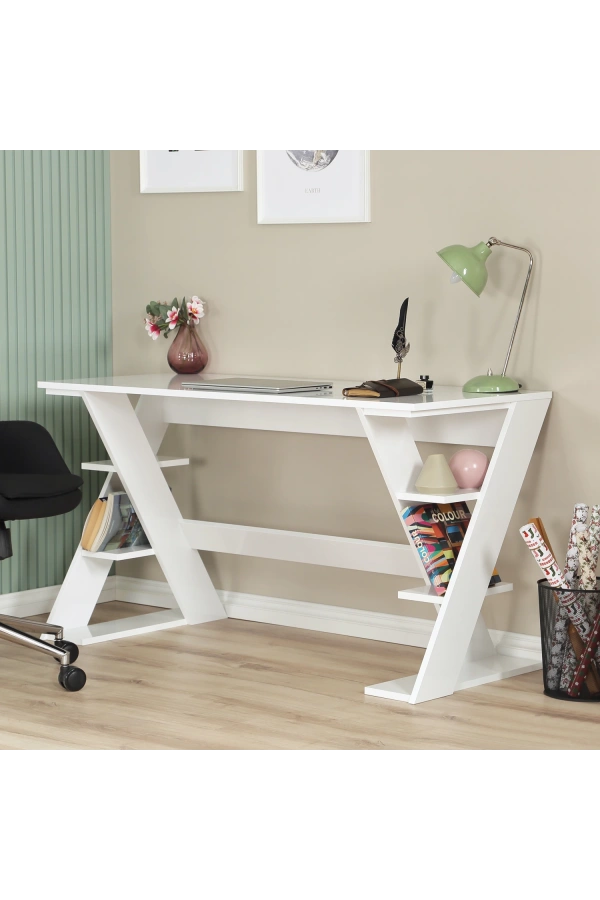 Pasific Home Lungo Raflı Çalışma Masası, Ofis Masası, 60X140 Cm, Parlak Beyaz