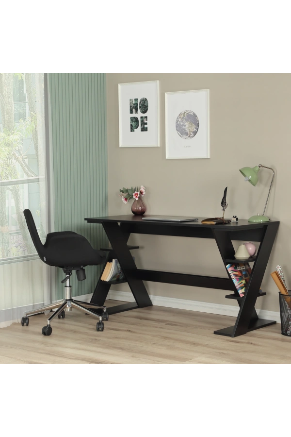 Pasific Home Lungo Raflı Çalışma Masası, Ofis Masası, 60X140 Cm, Siyah