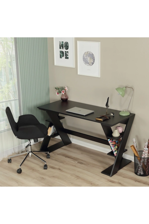 Pasific Home Lungo Raflı Çalışma Masası, Ofis Masası, 60X140 Cm, Siyah