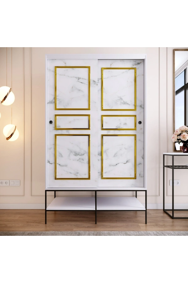 Pasific Home Martin 2 Kapaklı Sürgülü Gardırop Elbise Dolabı,120 cm, Beyaz & Beyaz Mermer