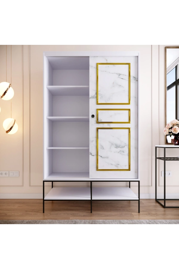 Pasific Home Martin 2 Kapaklı Sürgülü Gardırop Elbise Dolabı,120 cm, Beyaz & Beyaz Mermer