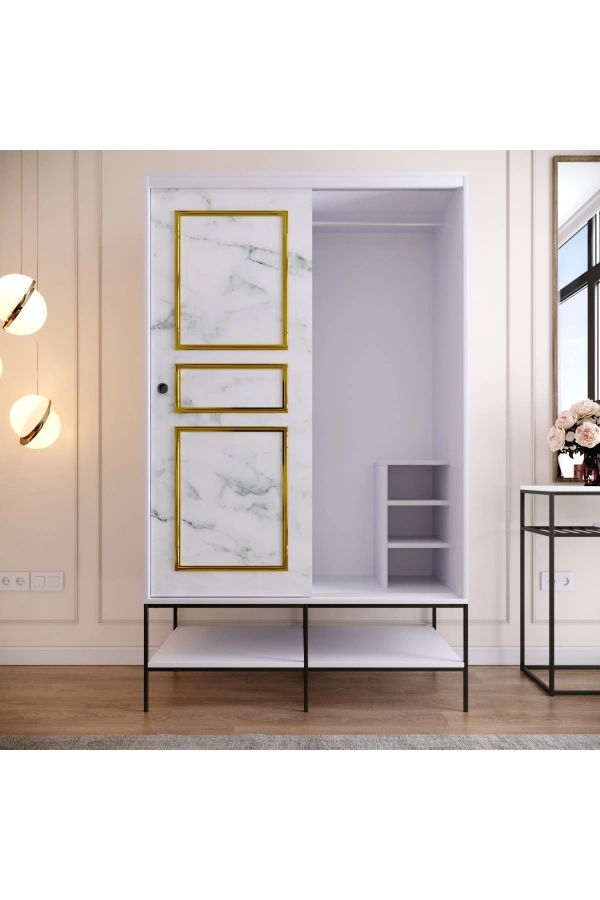 Pasific Home Martin 2 Kapaklı Sürgülü Gardırop Elbise Dolabı,120 cm, Beyaz & Beyaz Mermer