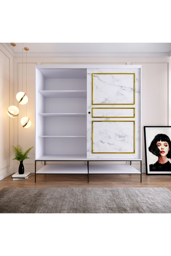 Pasific Home Martin 2 Kapaklı Sürgülü Gardırop Elbise Dolabı,190 cm, Beyaz & Beyaz Mermer