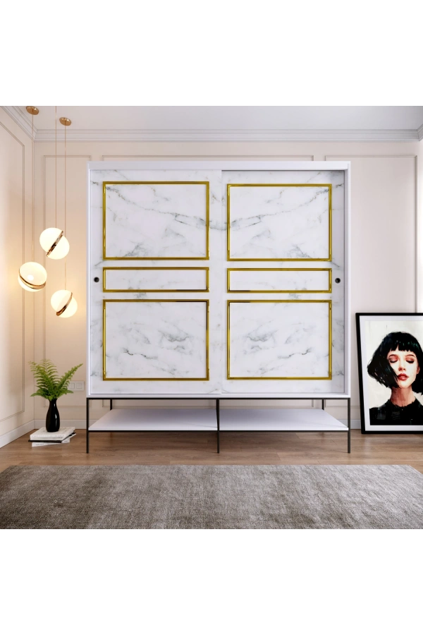 Pasific Home Martin 2 Kapaklı Sürgülü Gardırop Elbise Dolabı,190 cm, Beyaz & Beyaz Mermer