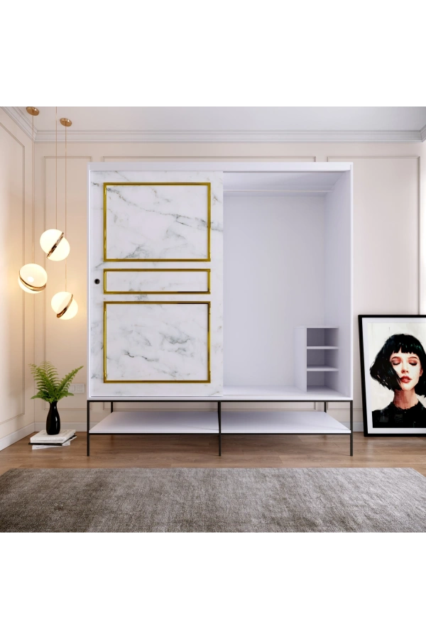 Pasific Home Martin 2 Kapaklı Sürgülü Gardırop Elbise Dolabı,190 cm, Beyaz & Beyaz Mermer