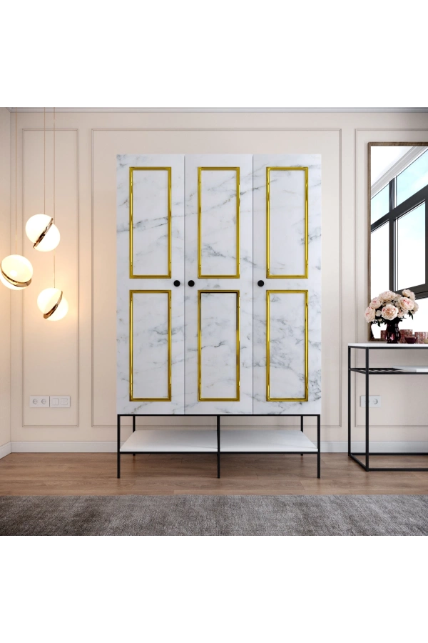 Pasific Home Martin 3 Kapaklı Gardırop Elbise Dolabı, Beyaz& Beyaz Mermer