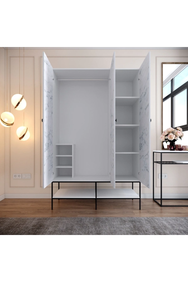 Pasific Home Martin 3 Kapaklı Gardırop Elbise Dolabı, Beyaz& Beyaz Mermer