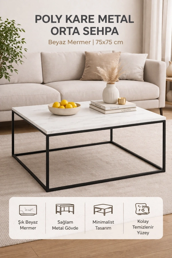 Pasific Home Poly Kare Metal Orta Sehpa, Beyaz Mermer
