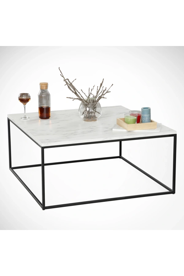 Pasific Home Poly Kare Metal Orta Sehpa, Beyaz Mermer