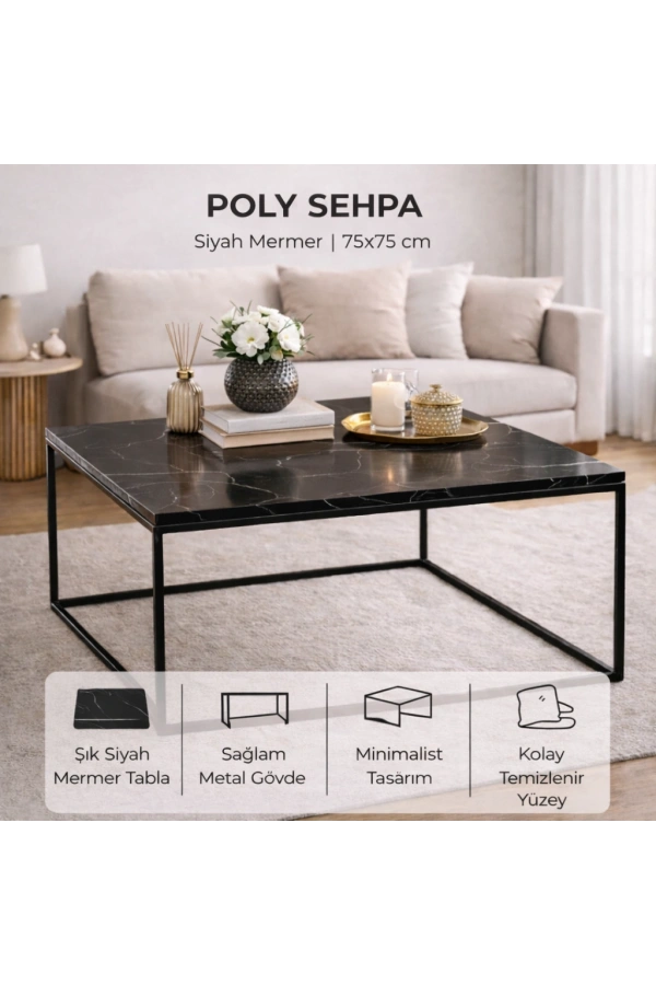 Pasific Home Poly Kare Metal Orta Sehpa, Siyah Mermer