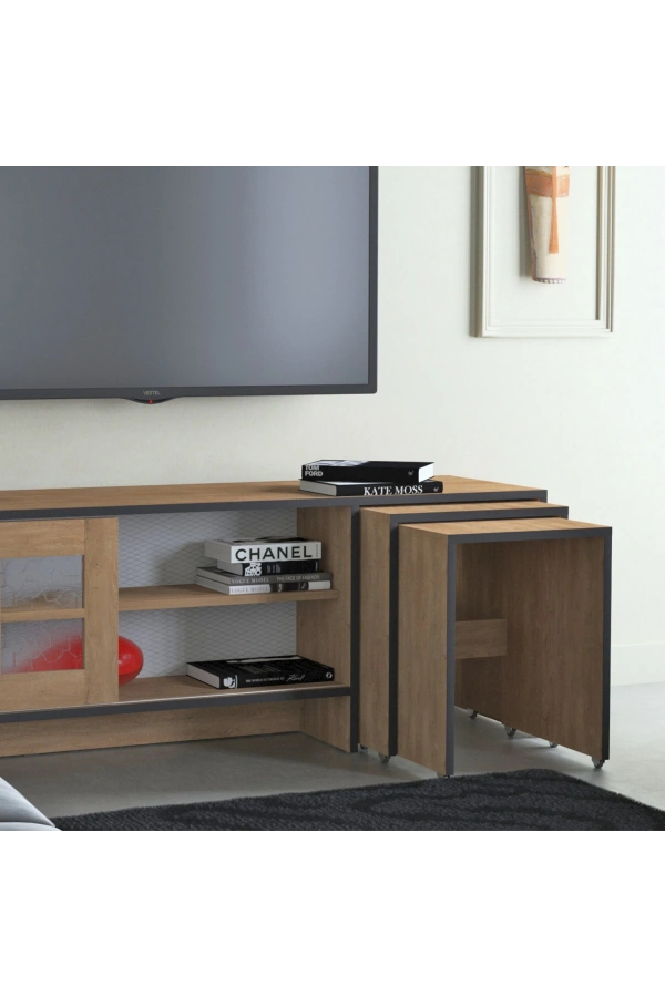 Pasific Home Revival Metal Ayaklı Sürgülü Tv Ünitesi, Zigon Sehpalı, 150 Cm, Koyu Meşe