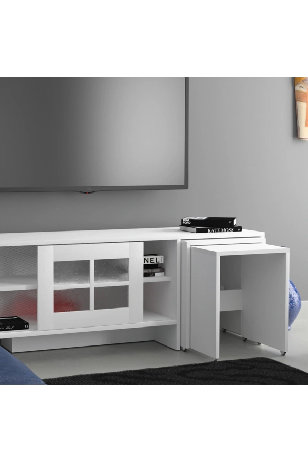 Pasific Home Revival Metal Ayaklı Sürgülü Tv Ünitesi, Zigon Sehpalı, 150 Cm, Ahşap Beyaz