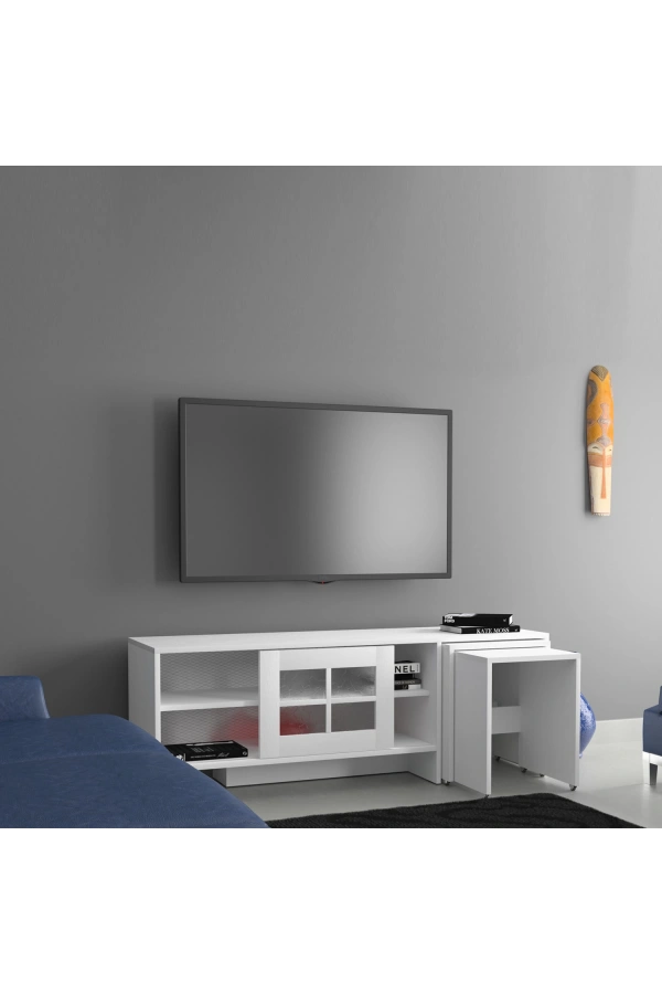 Pasific Home Revival Metal Ayaklı Sürgülü Tv Ünitesi, Zigon Sehpalı, 150 Cm, Ahşap Beyaz
