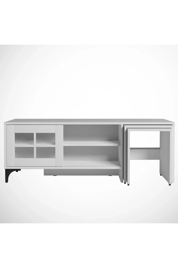 Pasific Home Revival Metal Ayaklı Sürgülü Tv Ünitesi, Zigon Sehpalı, 150 Cm, Ahşap Beyaz
