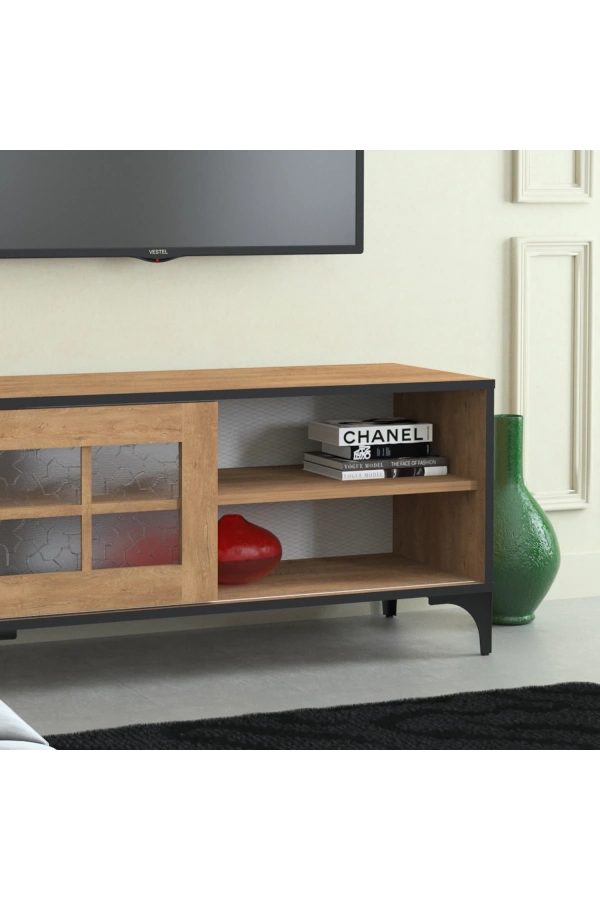 Pasific Home Revival Metal Ayaklı Sürgülü Tv Ünitesi,100 Cm, Koyu Meşe