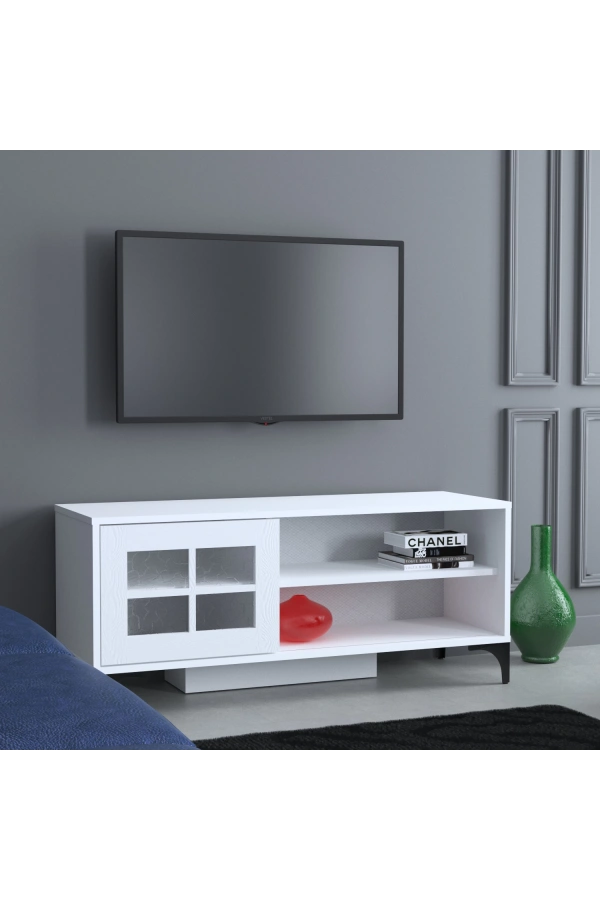 Pasific Home Revival Metal Ayaklı Sürgülü Tv Ünitesi,125 Cm, Ahşap Beyaz