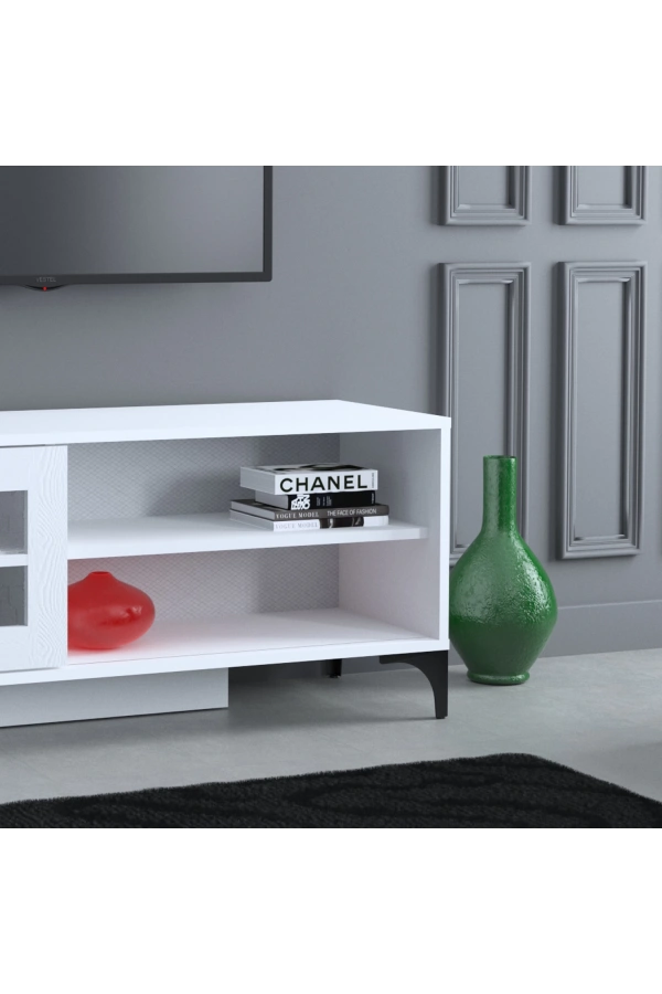 Pasific Home Revival Metal Ayaklı Sürgülü Tv Ünitesi,125 Cm, Ahşap Beyaz