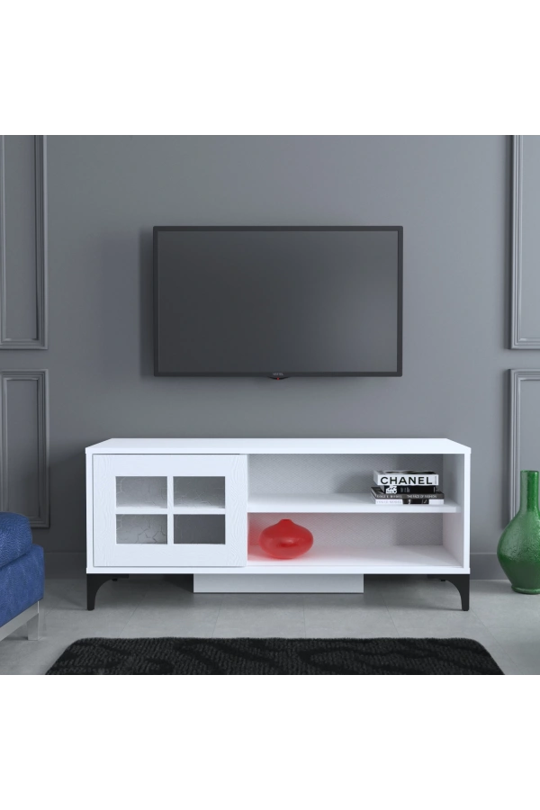 Pasific Home Revival Metal Ayaklı Sürgülü Tv Ünitesi,125 Cm, Ahşap Beyaz