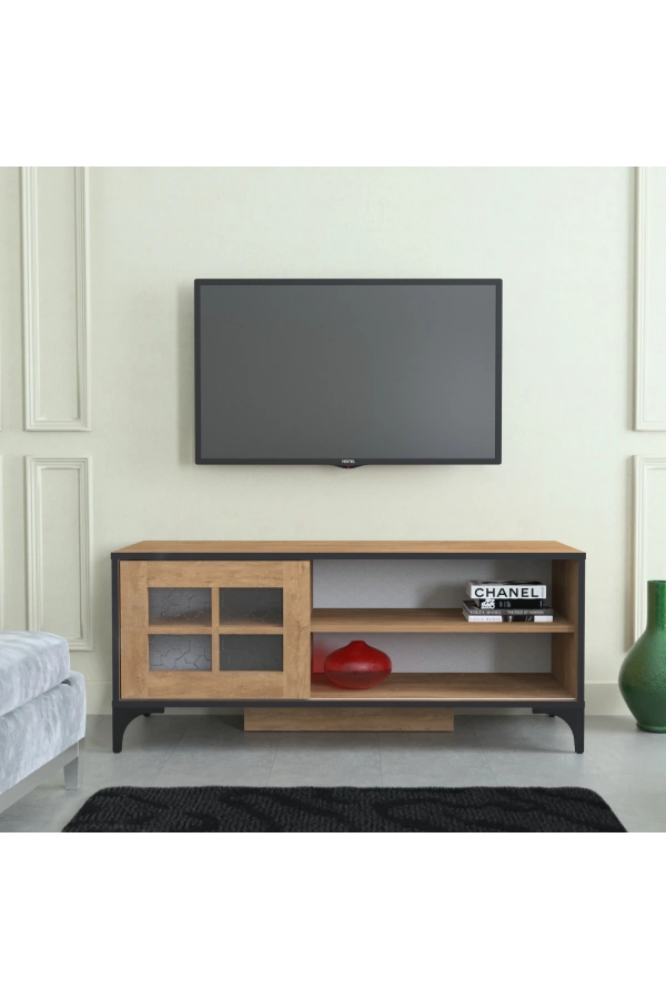 Pasific Home Revival Metal Ayaklı Sürgülü Tv Ünitesi,125 Cm, Koyu Meşe