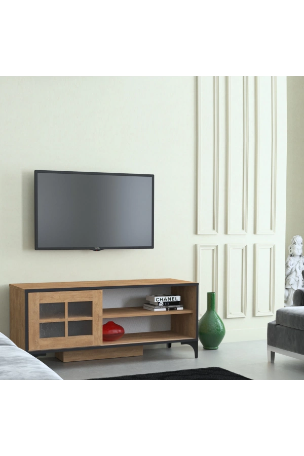 Pasific Home Revival Metal Ayaklı Sürgülü Tv Ünitesi,125 Cm, Koyu Meşe