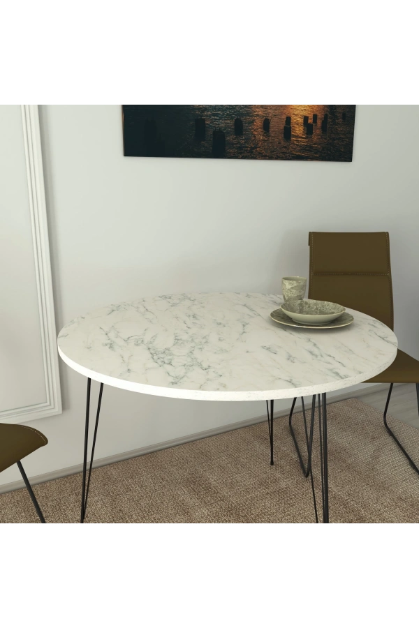 Pasific Home Sandalf Metal Ayaklı Yuvarlak Mutfak Masası, Beyaz Mermer