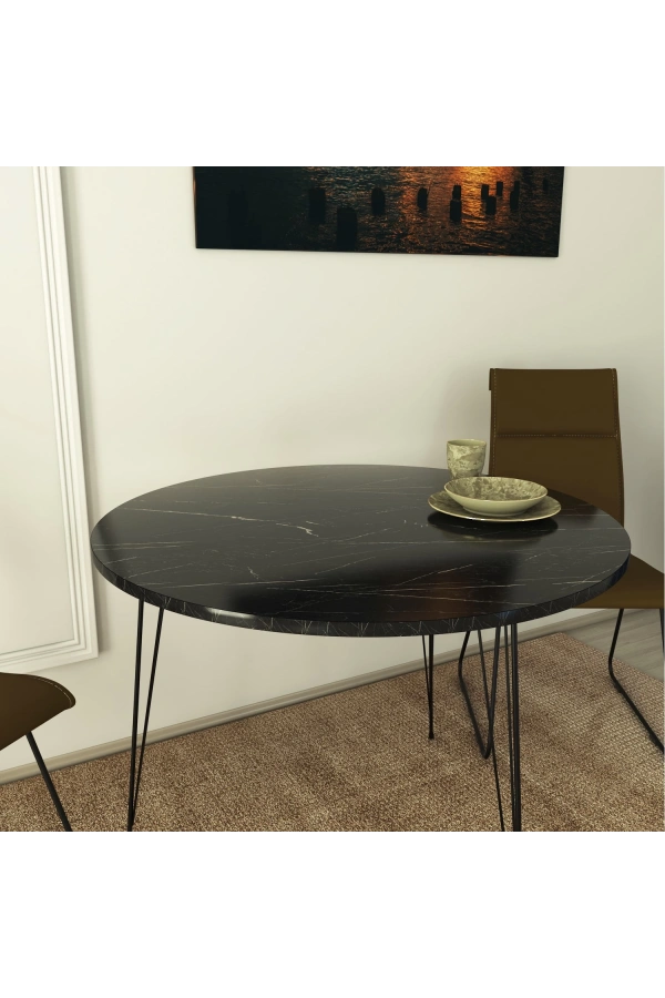 Pasific Home Sandalf Metal Ayaklı Yuvarlak Mutfak Masası, Siyah Mermer