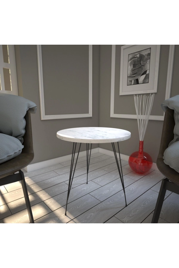 Pasific Home Sandalf Yan Sehpa, Metal Ayaklı, Beyaz Mermer