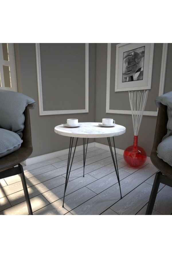 Pasific Home Sandalf Yan Sehpa, Metal Ayaklı, Beyaz Mermer