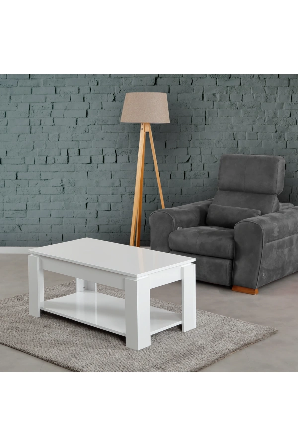 Pasific Home Shelf Raflı Orta Sehpa, Dikdörtgen Sehpa, Parlak Beyaz