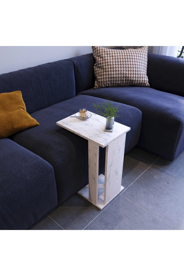 Pasific Home Single Çok Amaçlı Tekerlekli C Sehpa ,Koltuk Sehpası - Beyaz Mermer