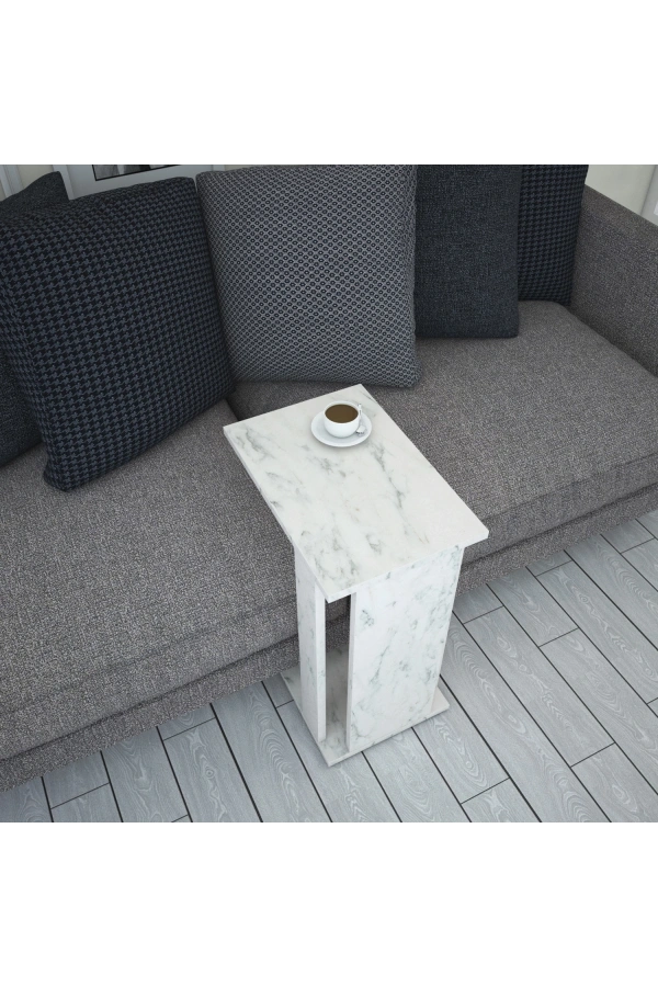 Pasific Home Single Çok Amaçlı Tekerlekli C Sehpa ,Koltuk Sehpası - Beyaz Mermer