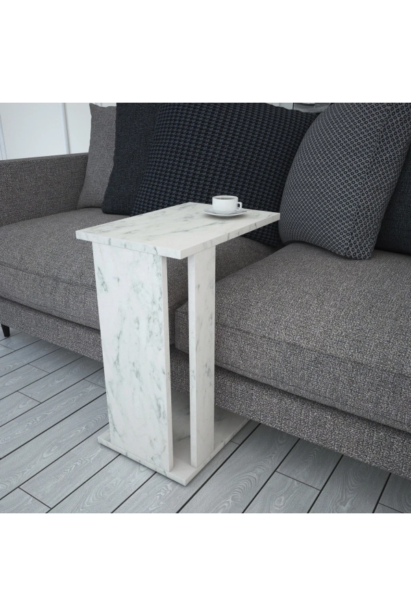 Pasific Home Single Çok Amaçlı Tekerlekli C Sehpa ,Koltuk Sehpası - Beyaz Mermer