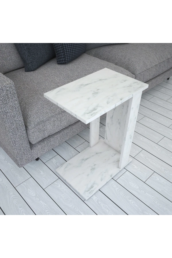 Pasific Home Single Çok Amaçlı Tekerlekli C Sehpa ,Koltuk Sehpası - Beyaz Mermer