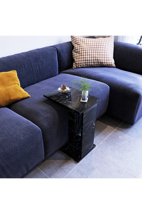 Pasific Home Single Çok Amaçlı Tekerlekli C Sehpa ,Koltuk Sehpası - Siyah Mermer