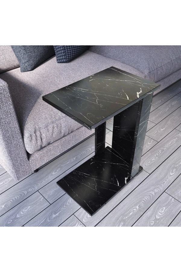 Pasific Home Single Çok Amaçlı Tekerlekli C Sehpa ,Koltuk Sehpası - Siyah Mermer