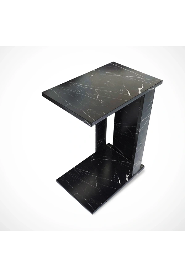 Pasific Home Single Çok Amaçlı Tekerlekli C Sehpa ,Koltuk Sehpası - Siyah Mermer