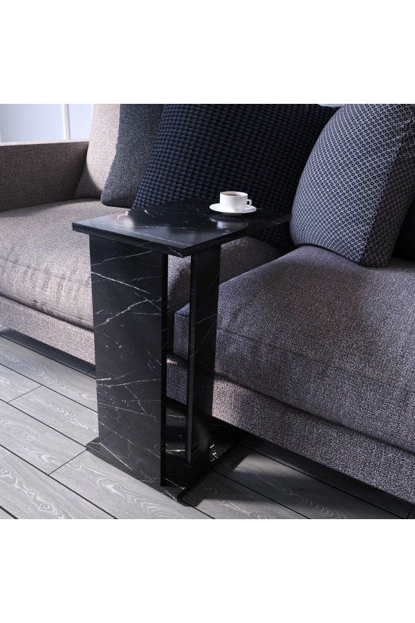 Pasific Home Single Çok Amaçlı Tekerlekli C Sehpa ,Koltuk Sehpası - Siyah Mermer