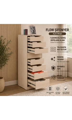 Pasific Home Flow Çekmeceli Şifonyer, Meşe, 7 Çekmeceli