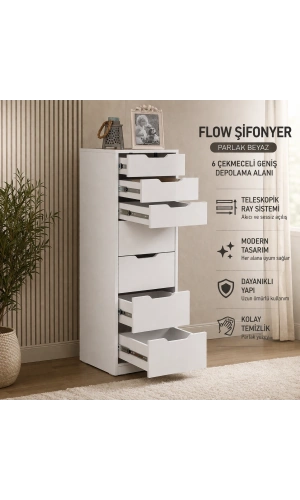 Pasific Home Flow Çekmeceli Şifonyer, Beyaz ,7 Çekmeceli