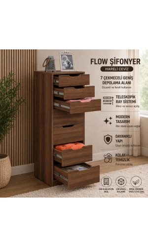 Pasific Home Flow Çekmeceli Şifonyer, Ceviz, 7 Çekmeceli